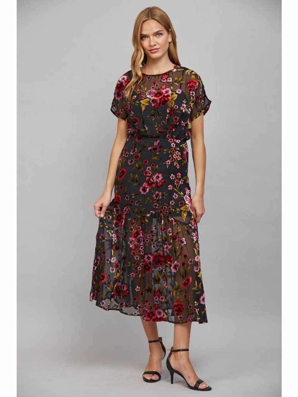 Fate Black Floral Short-Sleeve Tiered Maxi Dress